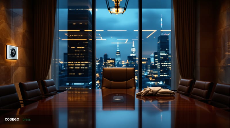 A cinematic editorial photograph set inside a grand European institutional meeting room, evoking the European Central Bank's 