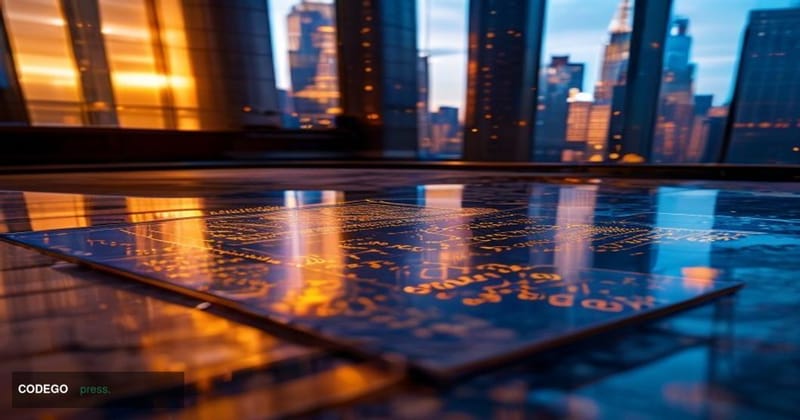 A dramatic cinematic editorial photograph taken from a low angle looking up at the imposing glass-and-steel facade of a major