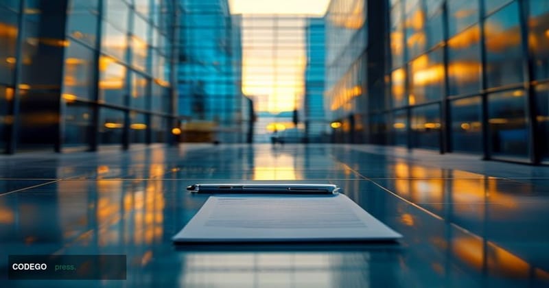 A cinematic editorial photograph shot at low angle looking up at the glass-and-steel facade of Circle's corporate headquarter
