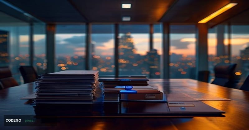A cinematic editorial photograph set inside a sleek corporate boardroom with floor-to-ceiling glass windows overlooking a cit