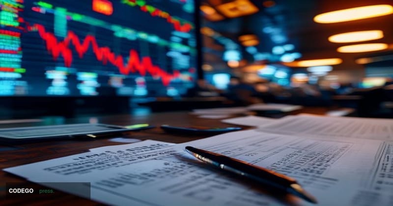 A dramatic cinematic editorial photograph of a financial trading floor terminal displaying the ticker "CRCL" with a sharply d
