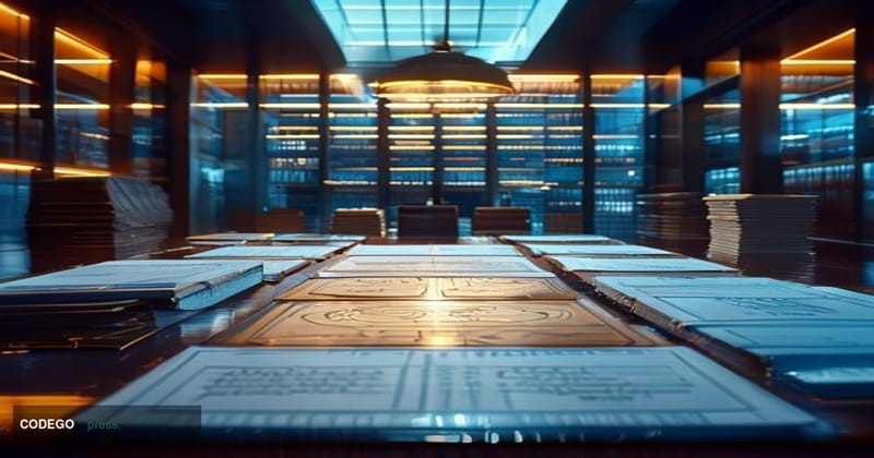 A photorealistic editorial photograph set inside a grand corporate signing room where a sleek modern deal desk dominates the 