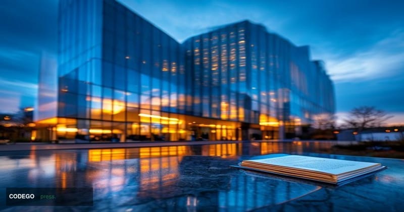 A dramatic cinematic editorial photograph taken at low angle looking up at the IBM headquarters building facade in Armonk, Ne