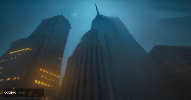 A cinematic editorial photograph of the New York Department of Financial Services building facade in Lower Manhattan, shot fr