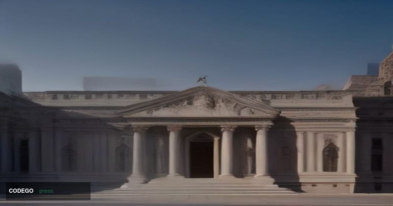 A photorealistic cinematic editorial photograph centered on the iconic New York State Department of Financial Services buildi
