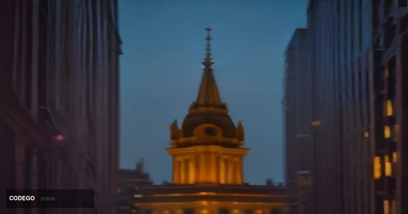 A photorealistic editorial photograph set at dusk outside the iconic New York State Department of Financial Services building