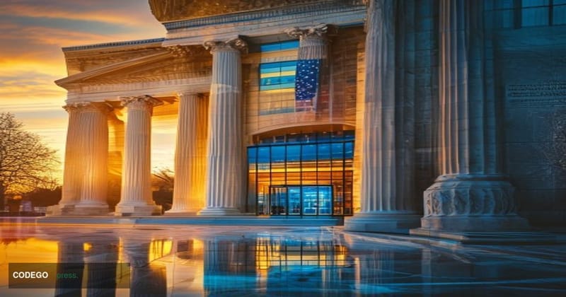 A cinematic editorial photograph of a modern federal banking building in Washington D.C., with classical stone columns and an