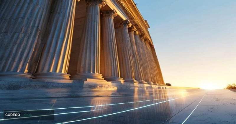 A cinematic editorial photograph of a grand neoclassical federal bank building facade shot from a low angle, with polished ma