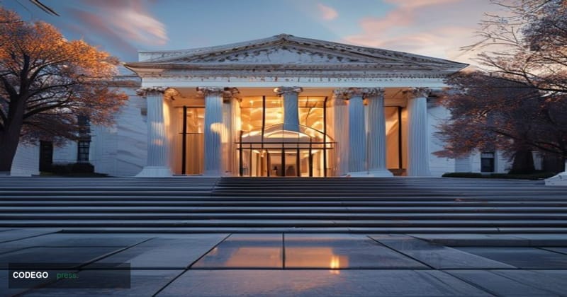 A photorealistic editorial photograph set at a grand, marble-columned federal banking institution exterior in Washington D.C.