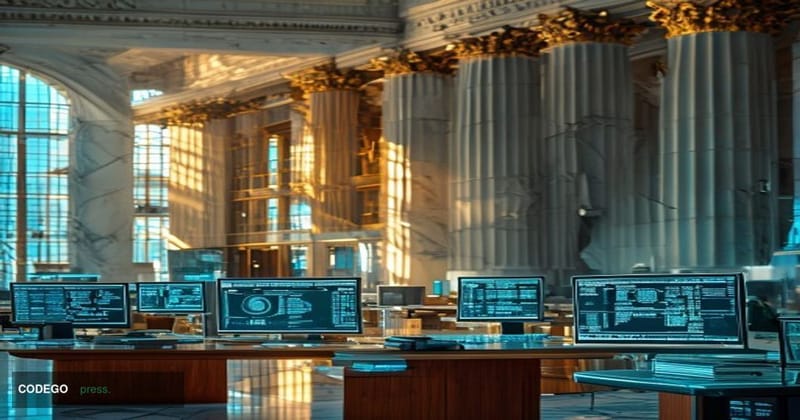 # Image Prompt

A modern fintech office interior merges with classical banking architecture in a split-composition shot: fore
