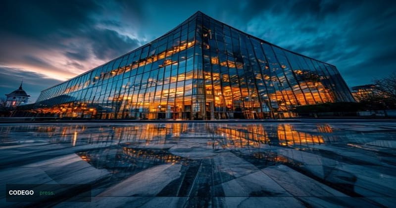 A cinematic editorial photograph of a gleaming modern bank headquarters building with glass and steel facade, shot from a low