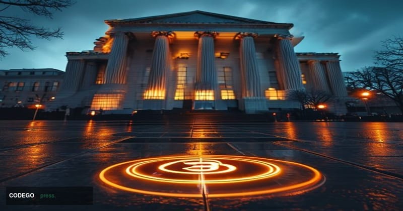 A dramatic cinematic editorial photograph centered on the exterior of the Office of the Comptroller of the Currency's neoclas