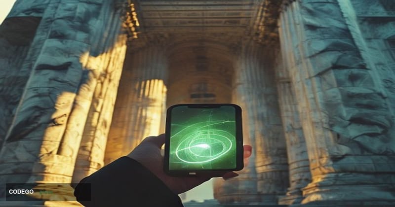 A photorealistic cinematic editorial photograph taken from a low-angle perspective looking up at the neoclassical granite fac