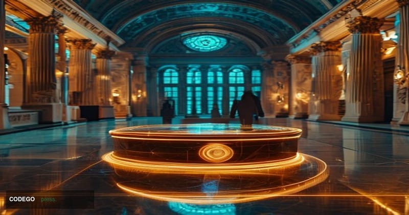 A dramatic photorealistic editorial photograph set inside a grand neoclassical bank building interior, evoking the authority 