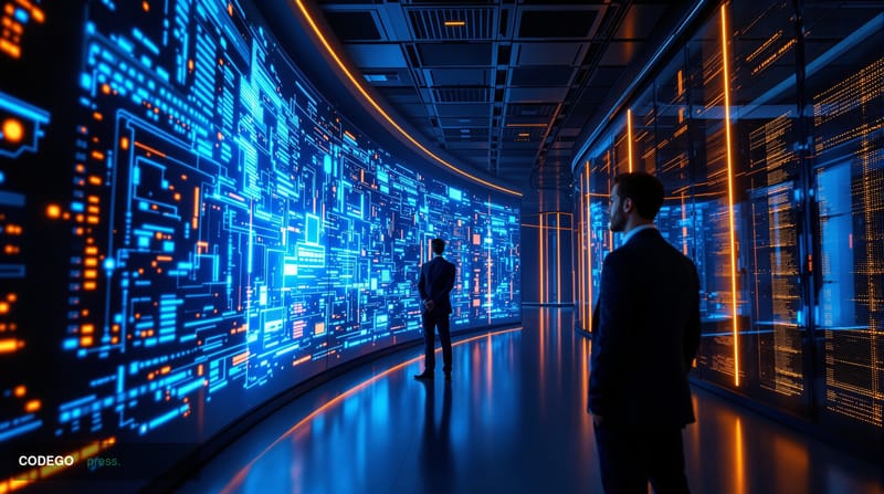 A dramatic cinematic editorial photograph inside a sleek, modern corporate payments operations center, with large curved scre