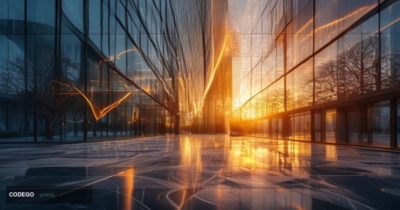 A dramatic cinematic editorial photograph of a sleek modern financial institution exterior with glass and steel architecture 