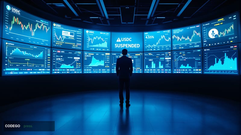 A cinematic editorial photograph set inside a stark, high-security financial operations center, representing Circle's enforce