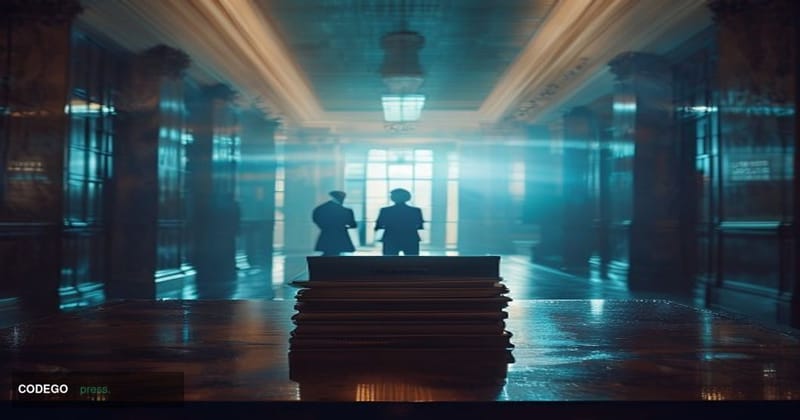 A dramatic cinematic editorial photograph set inside a dimly lit federal courthouse corridor, with a foreground of a polished