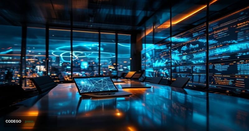 A cinematic editorial photograph set inside a sleek, modern financial technology headquarters at night, bathed in dramatic ch