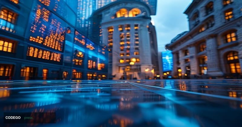 A dramatic cinematic editorial photograph set at the intersection of traditional Wall Street finance and digital asset market