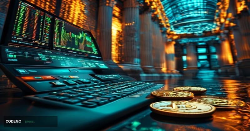 A dramatic cinematic editorial photograph capturing the symbolic convergence of Wall Street and cryptocurrency worlds. In the