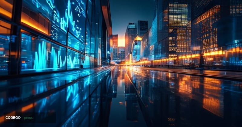 A dramatic cinematic editorial photograph capturing the convergence of traditional high finance and digital asset markets. Th