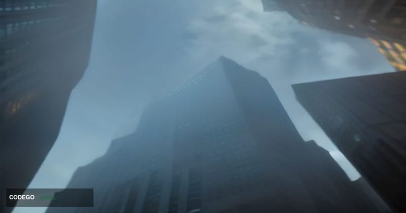 A cinematic editorial photograph set at Citigroup's imposing Manhattan headquarters on Park Avenue, shot from a low angle loo