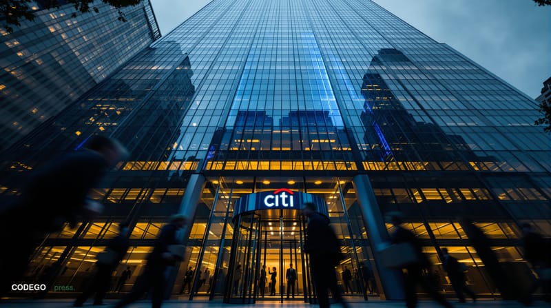 A dramatic cinematic editorial photograph of Citigroup's iconic Manhattan headquarters at 388 Greenwich Street, shot from a l