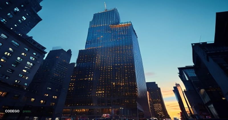 A photorealistic editorial photograph of Citigroup's iconic Manhattan headquarters tower at 388 Greenwich Street, shot from a