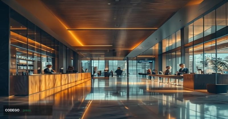 A cinematic editorial photograph of a modern, upscale bank branch interior transitioning into a sleek private banking lounge 