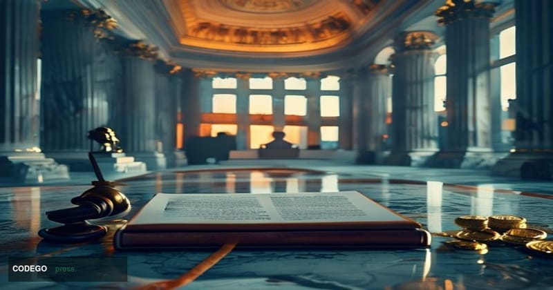 A photorealistic cinematic editorial photograph set inside a grand marble-columned United States Senate chamber corridor, dra