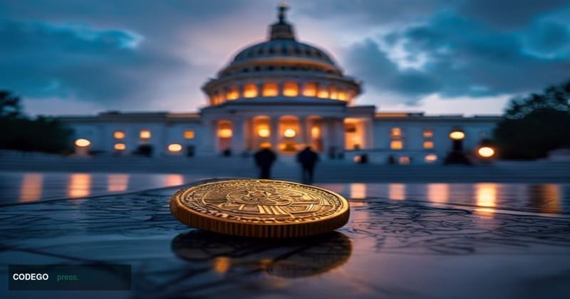 A cinematic editorial photograph shot from a low angle looking up at the United States Capitol building dome in Washington D.
