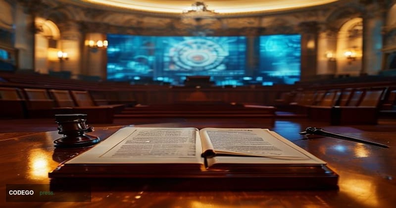 A dramatic cinematic editorial photograph set inside a grand Congressional hearing chamber in Washington D.C., with warm ambe