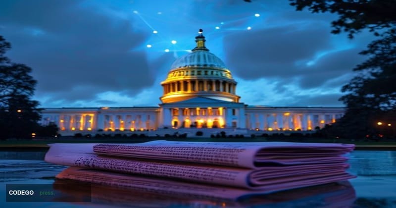A cinematic editorial photograph of the United States Capitol building in Washington D.C. shot from a low angle at dusk, with
