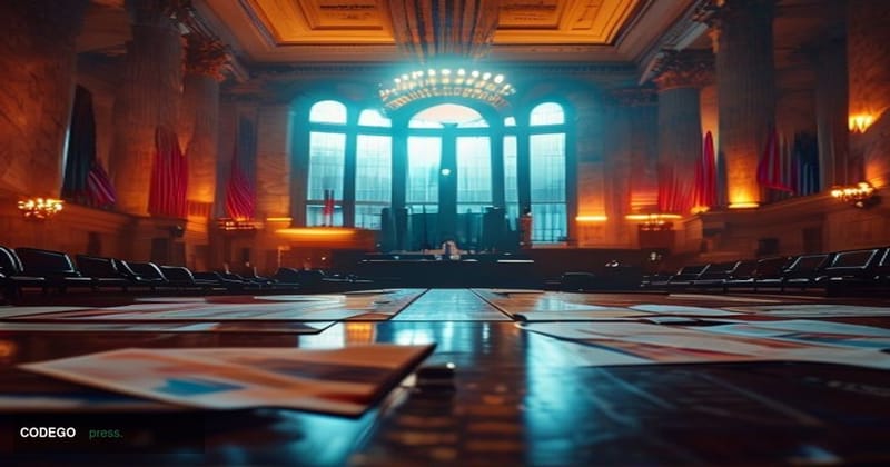A wide-angle cinematic shot inside a grand Congressional hearing chamber on Capitol Hill, Washington D.C., photographed from 