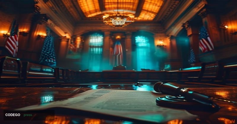 A dramatic cinematic editorial photograph set in a grand congressional hearing chamber in Washington D.C., with warm amber ov