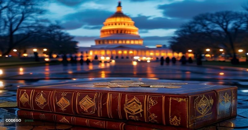 A dramatic split-composition photograph of the United States Capitol building in Washington D.C. shot at dusk from the Mall, 