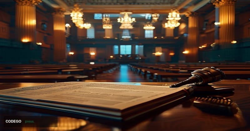 A photorealistic cinematic editorial photograph of the United States Senate chamber interior, captured from a low wide angle 