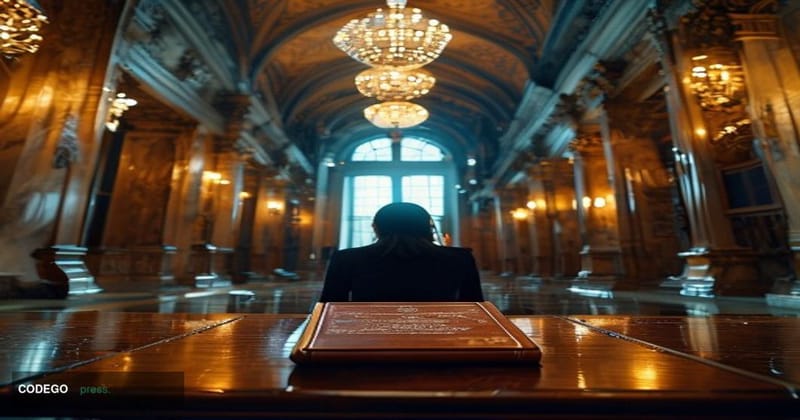 A cinematic editorial photograph set inside a grand United States Senate corridor, shot from a low angle looking up at ornate