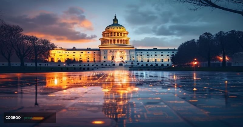 A dramatic split-composition editorial photograph shot from a low angle, with the United States Capitol building on the left 