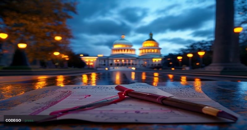 A photorealistic editorial photograph of the United States Capitol building in Washington D.C. at dusk, captured from a low w