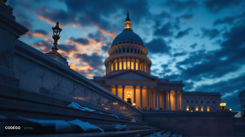 A wide-angle cinematic shot of the United States Capitol building at dusk, bathed in a tension-filled amber and deep-blue twi