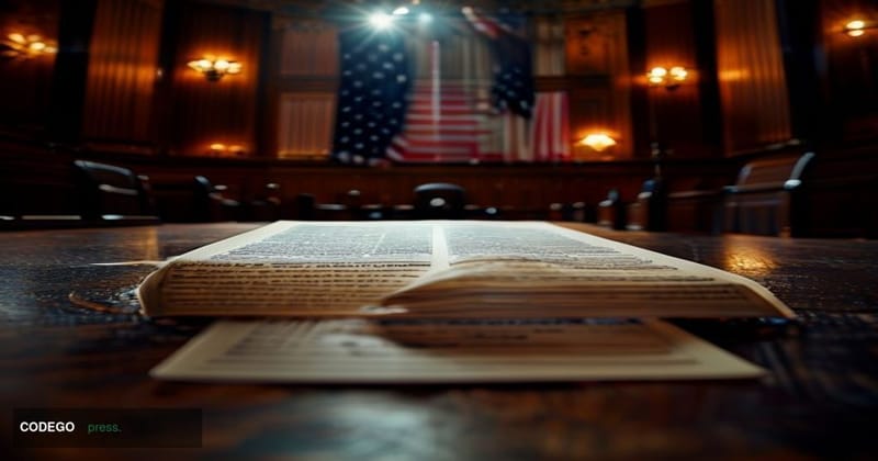 A dramatic photorealistic editorial photograph set inside a grand U.S. Senate hearing chamber, shot from a low angle looking 