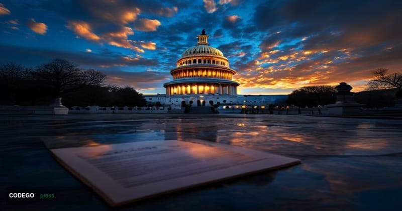 A wide-angle cinematic shot of the United States Capitol building at dusk, viewed from the Mall, with dramatic golden-hour am