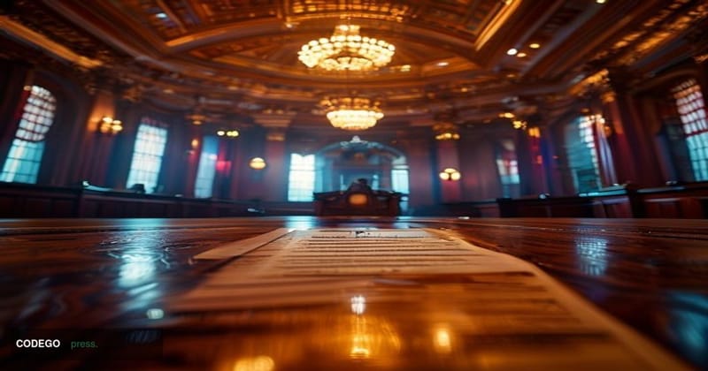 A dramatic wide-angle interior shot of the United States Senate chamber, captured from a low camera angle looking upward towa