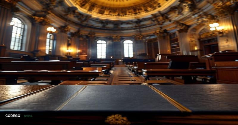 A dramatic wide-angle photorealistic editorial photograph of the United States Senate chamber interior, shot from a low angle