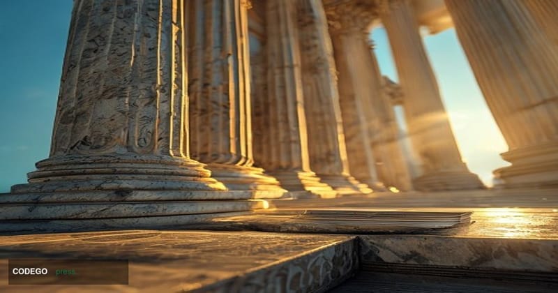 A photorealistic editorial photograph shot from a low angle looking up at the imposing neoclassical stone columns of the Unit