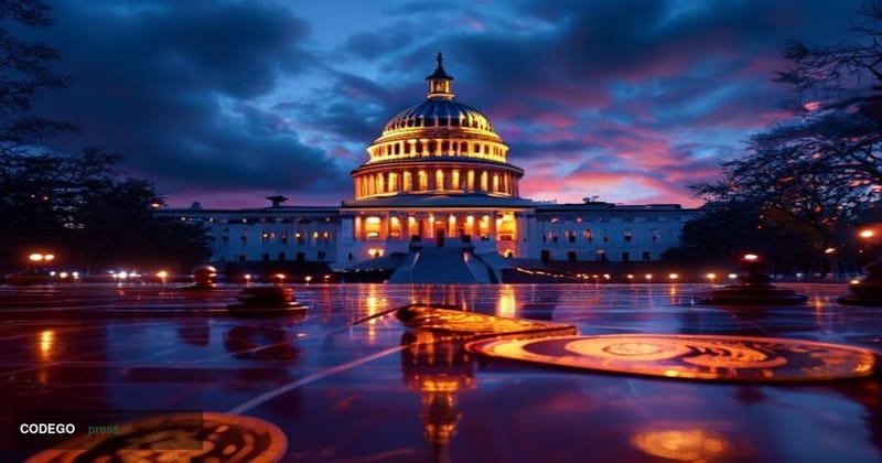 A dramatic wide-angle shot of the United States Capitol building in Washington D.C. at dusk, with the iconic dome illuminated