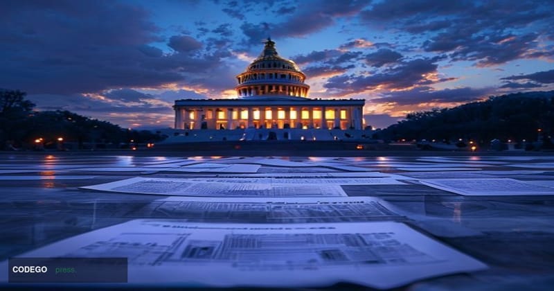 A wide-angle cinematic shot of the United States Capitol building in Washington D.C. at dusk, captured from the base of the m