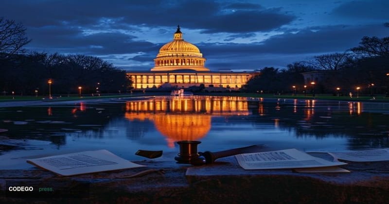 A dramatic wide-angle shot of the United States Capitol building in Washington D.C. at dusk, captured from the west lawn with